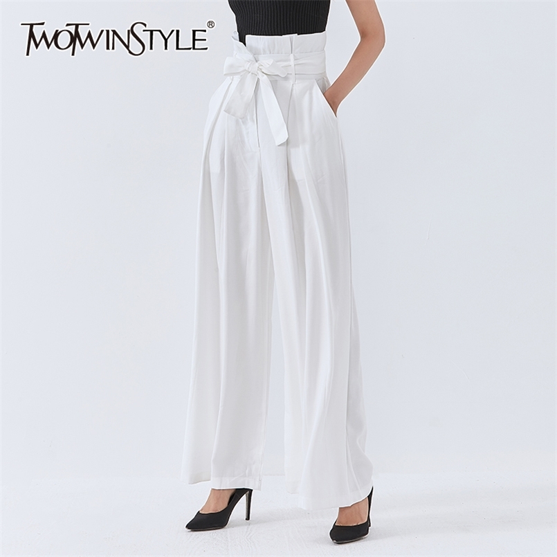 

Bowknot Full Length Pant For Women High Waist Ruched Loose Streetwear Plus Size Wide Leg Pants Female Clothing 210521, White