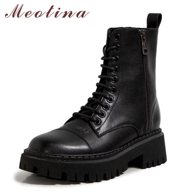 

Meotina Real Leather Platform High Heel Short Boots Women Motorcycle Boots Shoes Thick Heels Zipper Lace Up Ankle Boots Black 210608