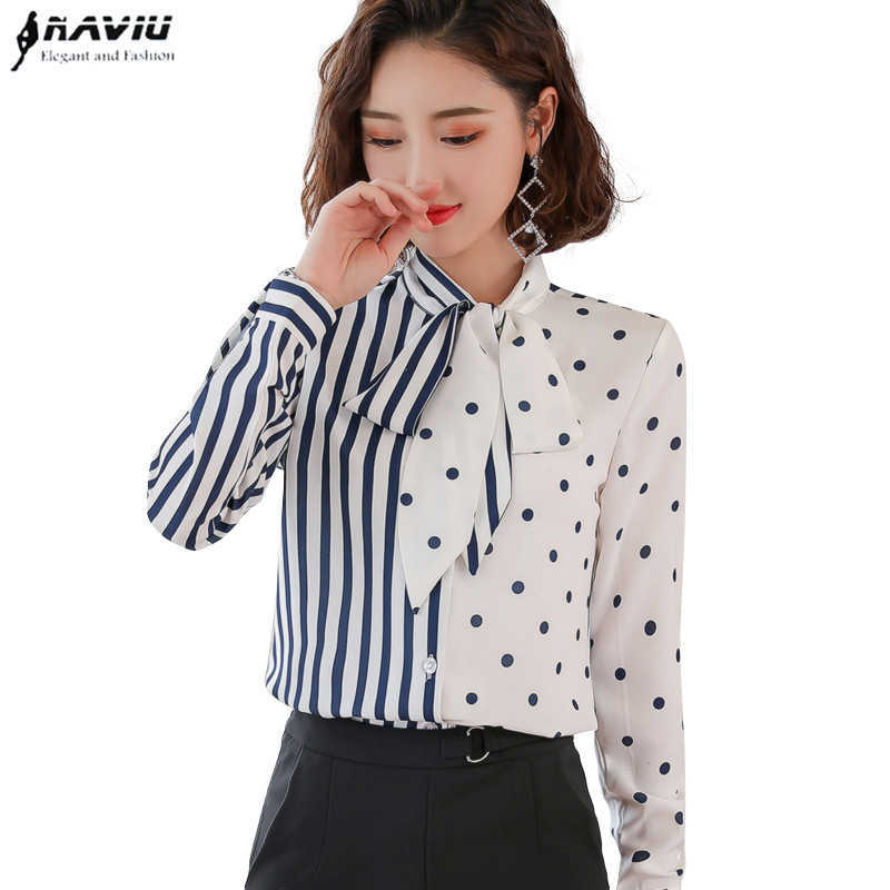 

Fashion Stripes Long Sleeve Shirt Autumn Women Slim Bow Dot Design Patchwork Chiffon Blouses Office Ladies Work Tops 210604, As picture 927