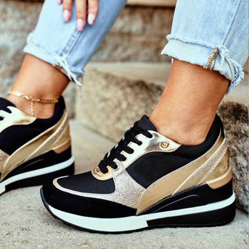 

2021 Autumn Women's Trainers Fashion Sneakers Woman Casual Vulcanized Shoes for Women Patchwork Wedge Heeled Sport Shoes Y0907, Black