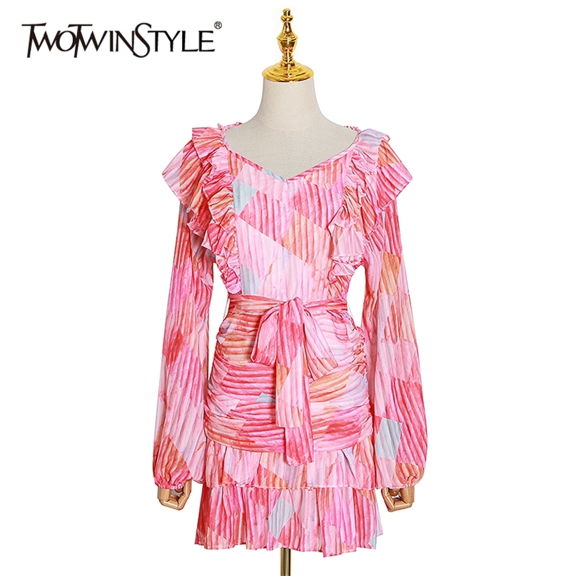 

Vintage Print Women Dress V Neck Lantern Long Sleve High Waist Lace Up Bow Ruffles Ruched Hit Color Dresses Female 210520, Red