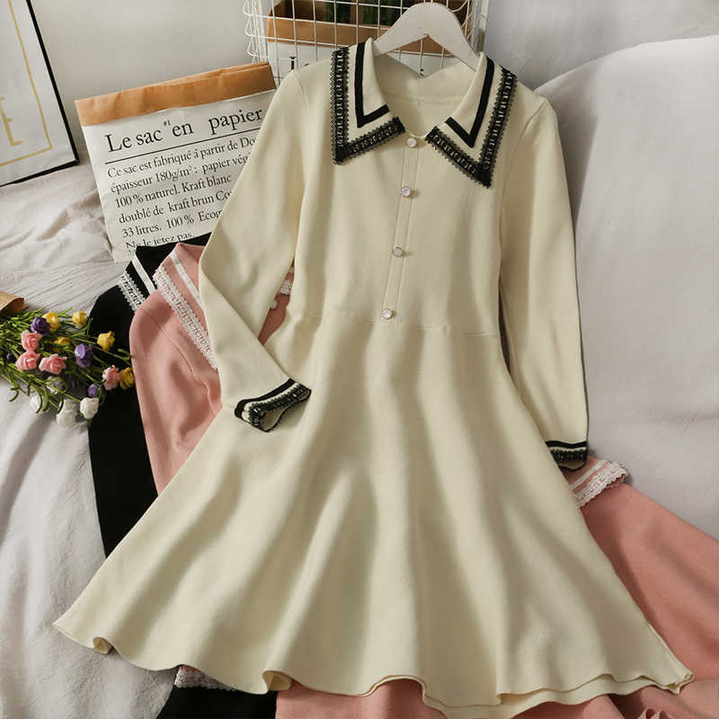 

LY VAREY LIN Spring Women Lapel Breasted Knitted Dresses Lace Stitching Long Sleeve A-line Dress Female 210526, Pink