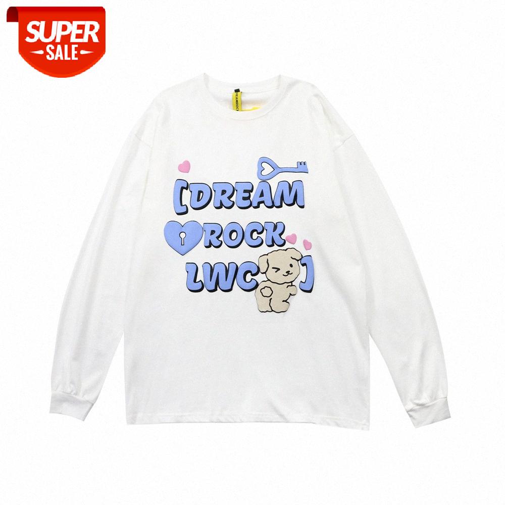 

Letter printing long-sleeved T-shirt men's street flow loose round neck top lazy style pullover bottoming shirt #ph6g, White;black