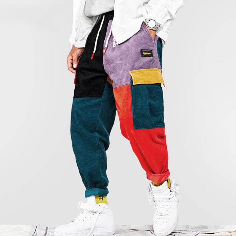 

Men' Pants Hip Color Block Patchwork Trousers Cotton Drawstring Loose Middle Waist Harem Sweatpants Harajuku Corduroy Men Cargo, Multi