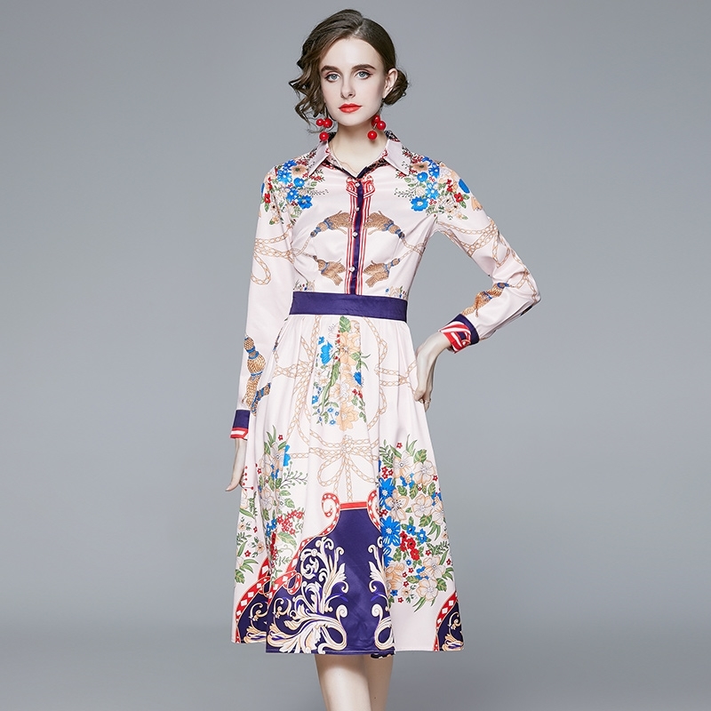 

Banulin Spring Autumn Runway Long Sleeve Midi Dress Women Vintage Chain Print Work Wear Ladies Office Vestido verano 210603, The picture color
