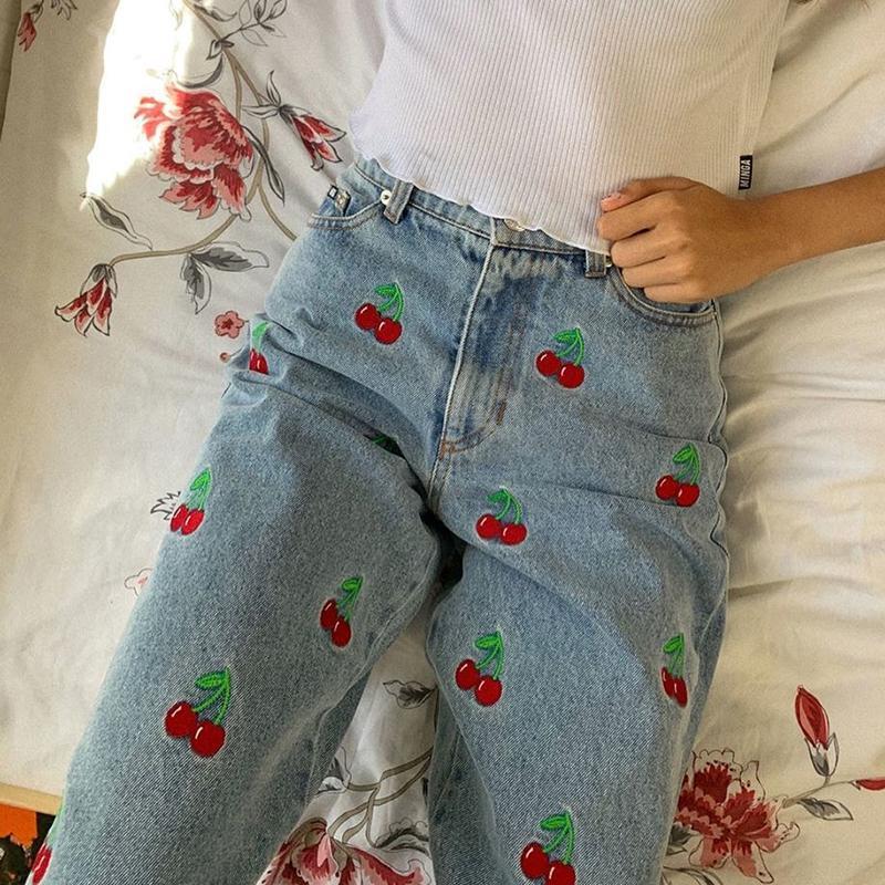 

Women' & Capris Autumn Cherry Pattern Jeans Pants Vintage Women England Preppy Style 90s Streetwear Outfits High Waist Straight Denim Trousers