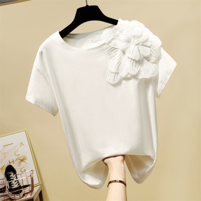 

3D Casual Flower T Shirt Women Summer O-Neck Short Sleeve Tees Cotton Ladies Tops 210708, White