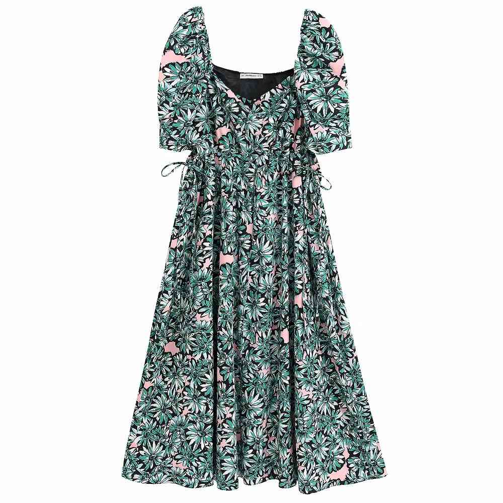 

Vintage Elegant Green Floral Side Bow Tie Long Dress Women Sexy Hollow Out Square Collar Dress Casual Ladies Chic Vestidos 210520, Blue