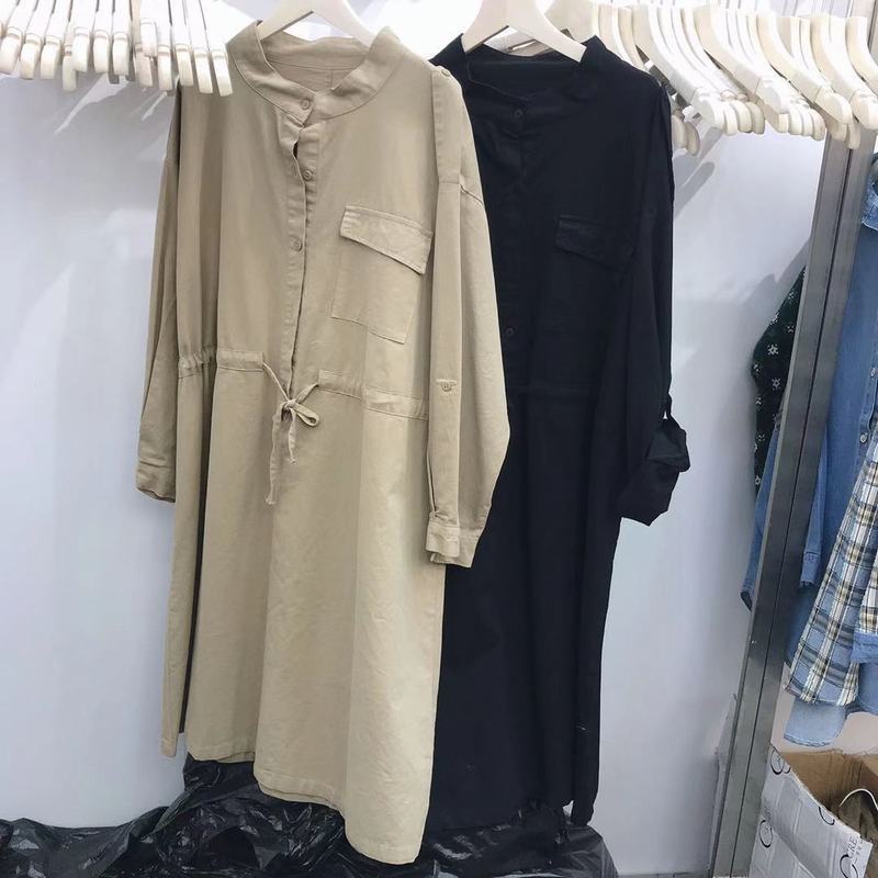 

zg/yi 2021 spring and autumn new harajuku japanese style small stand collar drawstring waist tight pocket long sleeves outerwear dress, White;black