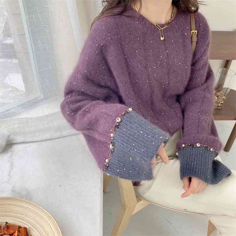 

Purple sweater women winter loose lazy raccoon velvet casual top 210520