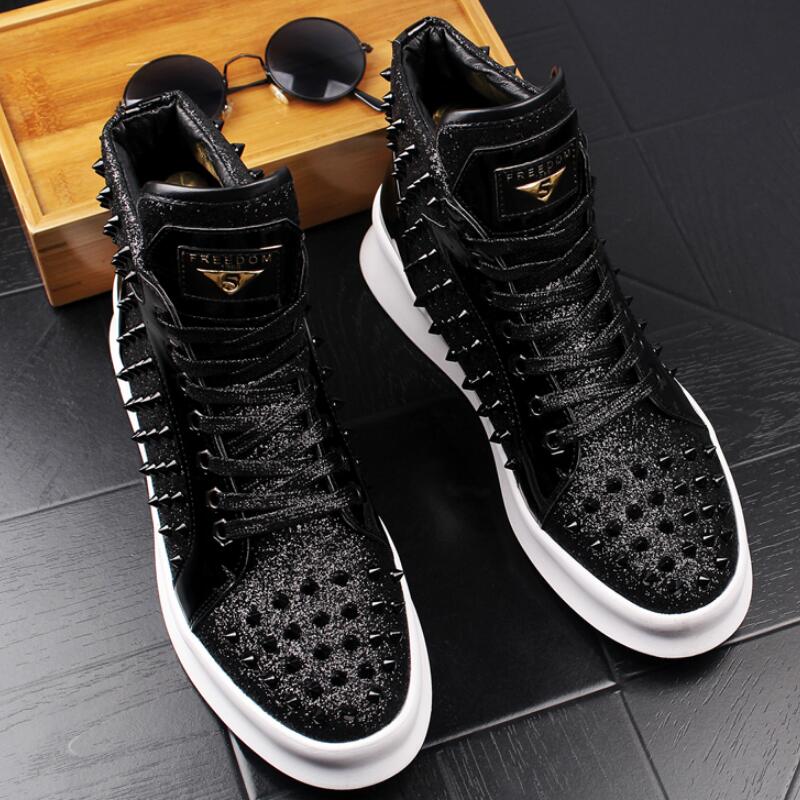 

designer High-top shoes personality rhinestone shoes men's autumn breathable British wind wild Martin shoe, Black1