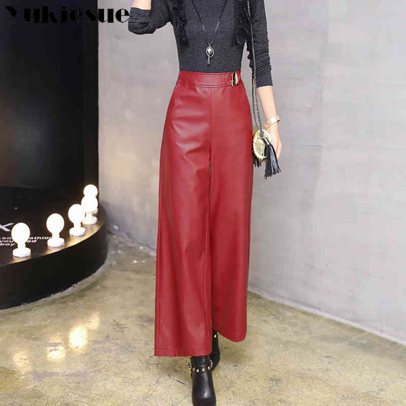 

Wide leg pants capirs women winter warm PU leather pants female trousers OL office formal casual pants woman Plus size 210519, Black