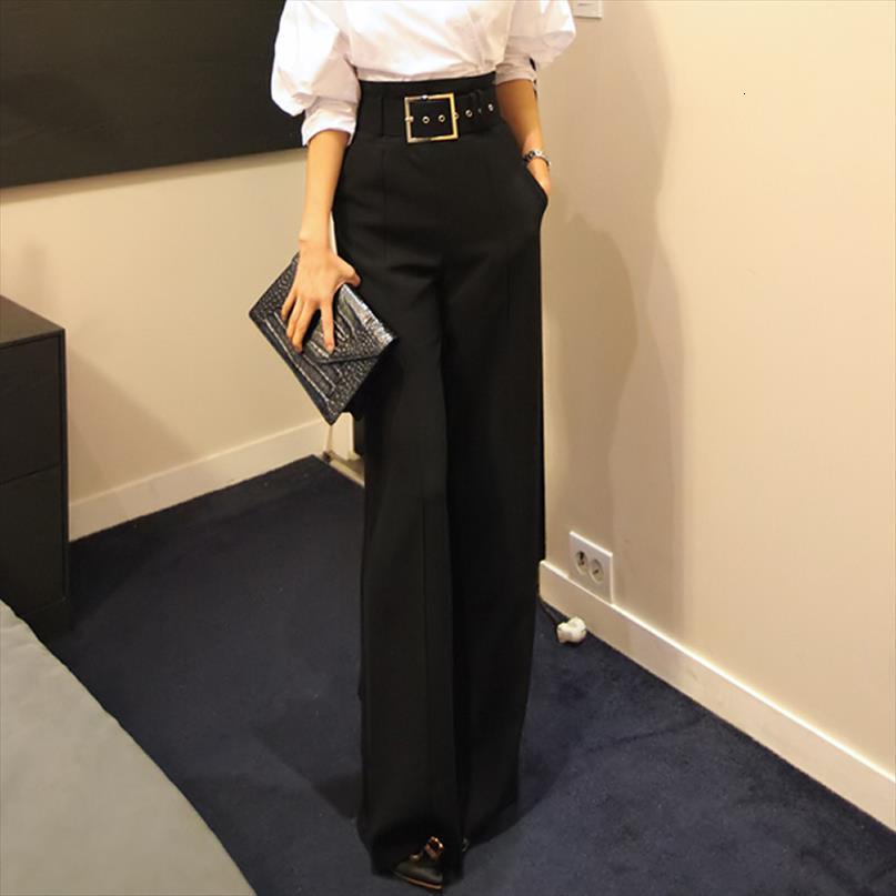 

fashion trousers high waist women capri belted wide leg office formal long femme pantalons plus size, Black;white