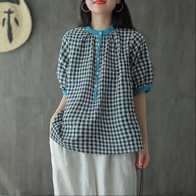 

womens t shirts summer retro plaid o neck button short sleeve 3 color shirt loose leisure all match women, White