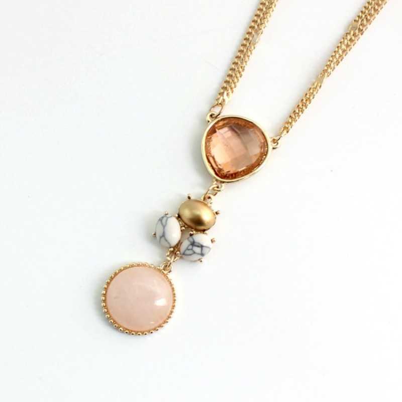 

Pendant Necklaces Light Yellow Gold Color Round Rose Pink Quartz Link Chain Necklace With Rhinestone Fashion Jewelry