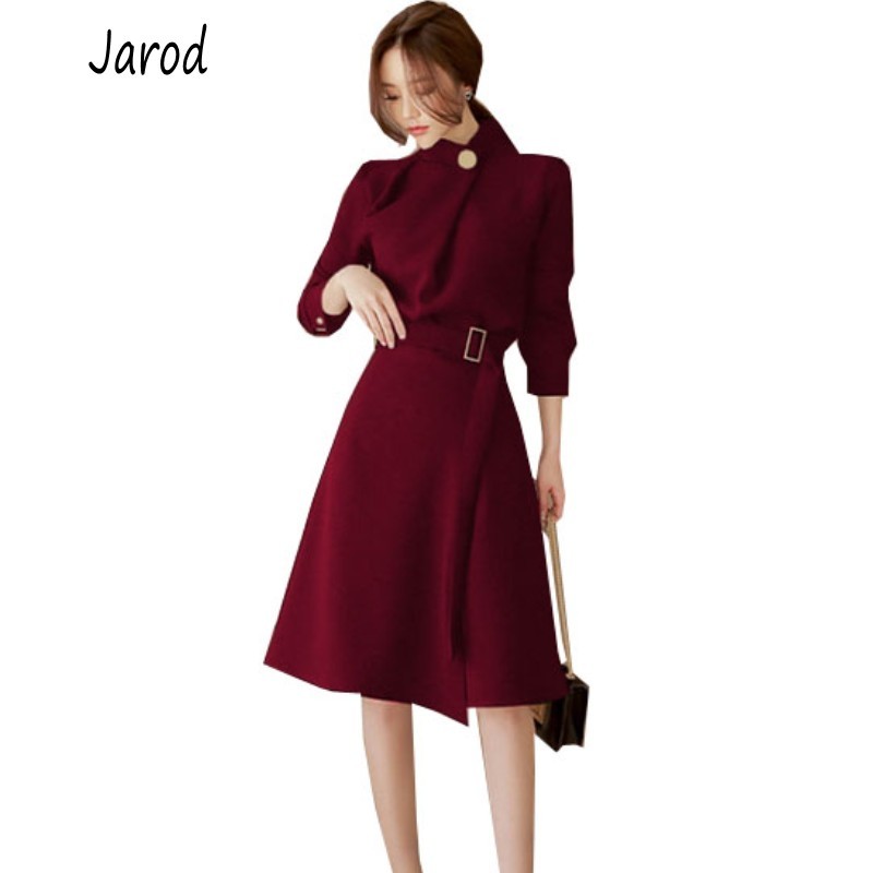 

Spring Autumn long sleeve office lady korean fashion professional dress business clothes with belt solid vestidos slim outfit 210518, Picture color