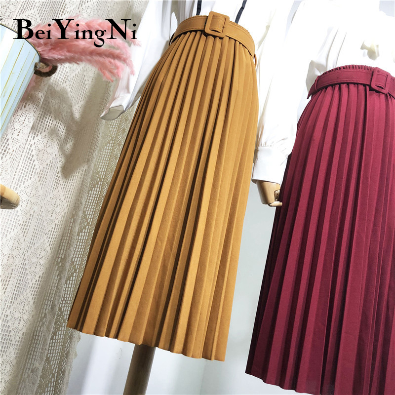 

Beiyingni High Waist Women Skirt Casual Vintage Solid Belted Pleated Midi Skirts Lady 11 Colors Fashion Simple Saia Mujer Faldas, Apricot