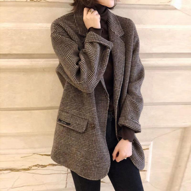 

Woollen Suiting Coat For Women Autumn Winter 2021 Loose And Versatile Double Row Button Plaid Faced Cashmere Women' Wool & Blends, Coffee