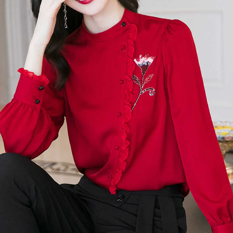 

Long Sleeve Red Chiffon Blouse Shirt Blouse Women Blusas Mujer De Moda Stand Collar Blouse Tops Women Blouses Blusa E171 210602