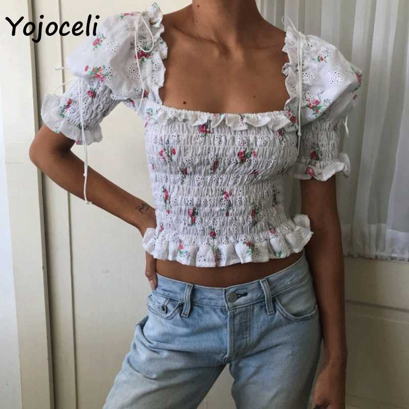 

Yojoceli lace crochet print blouses shirt women square neck ruffle cropped tops female blusas 210609, White