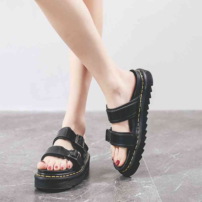 

slippers casual women's leather sandals genuine summer flat shoes platform wedges beach slides plus size 35-41 eiuq, Black
