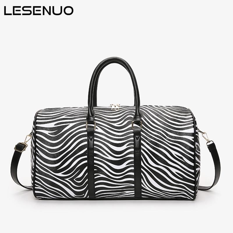 Leather Canvas Travel Bags Women Large Capacity Weekend Bag Men Fitness Duffel Zebra Pattern Top Handle-image-676906082