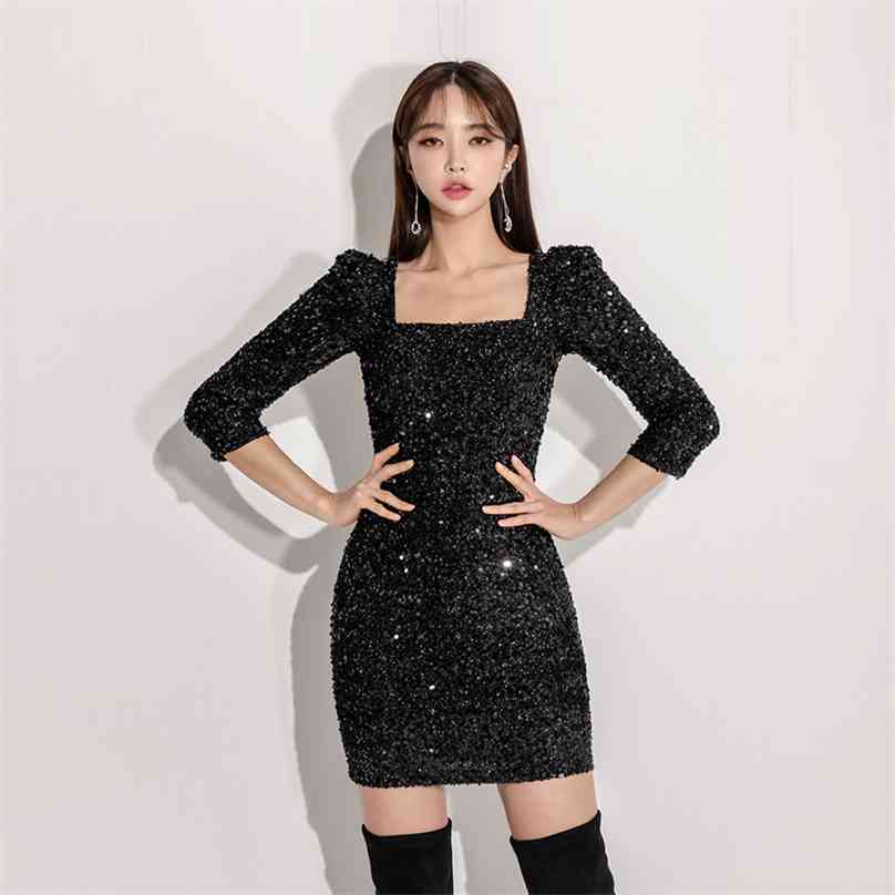 

Sequins Sexy Korean ladies fall long SLeeve night club tight Party Dress for women china clothing 210602, Black
