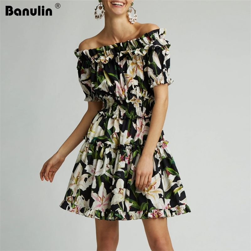 

Summer Runway Holiday Floral Mini Dress Women Off Shoulder Slash Neck Lily Print Ruffles Elastic Waist Beach Short 210603, Black