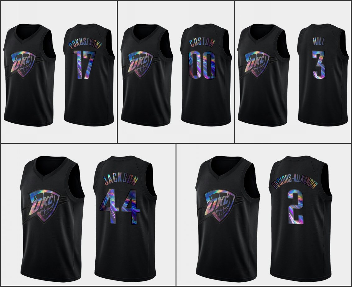 

OklahomaCityThunderMen Shai Gilgeous-Alexander Aleksej Pokusevski Justin Jackson George Hill Custom Black Iridescent Holographic Limited Jersey