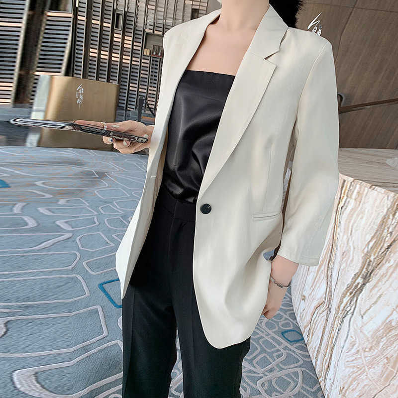 

L-5XL Plus Size Women's Summer Casual Solid Color Ladies Jacket Small Suit High Quality Slim Three-quarter Sleeve Office Blazer 210527, Apricot