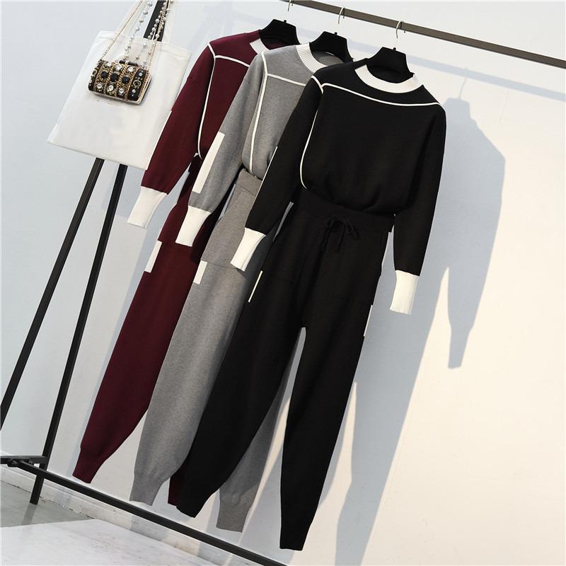 

Women's Two Piece Pants Knitted Women Sets Pullover Sweater And Suit 2021 Tracksuit O-neck Loose Trousers CHIC Carrot Set, Gray