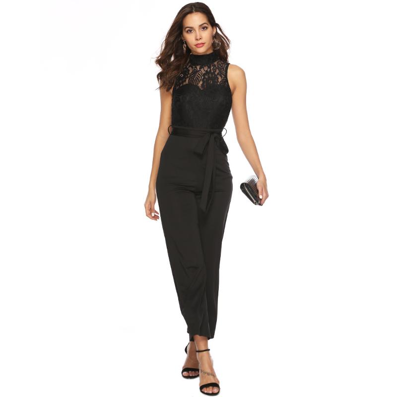 

Women' Jumpsuits & Rompers Elegant Women Embroidery Lace Mesh Short Sleeve Workwear Straight Leg Jumpsuit Summer Bodycon, As pic