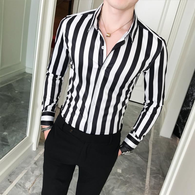 

Men's Casual Shirts Brand Designer Striped Shirt Quality Business Slim Long-sleeved Petticoat Male Social Club, White;black
