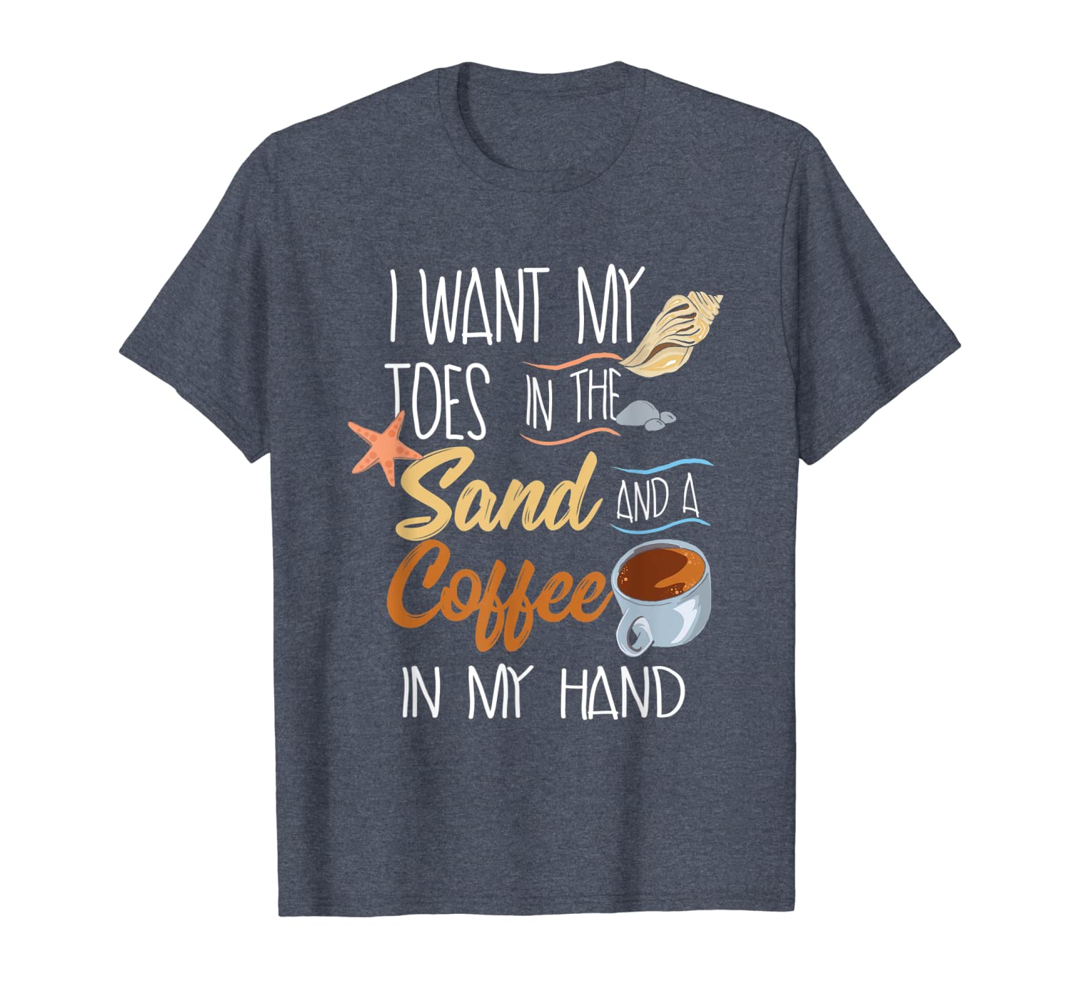 

toes in the sand coffee in my hand beach graphic t-shirt, White;black