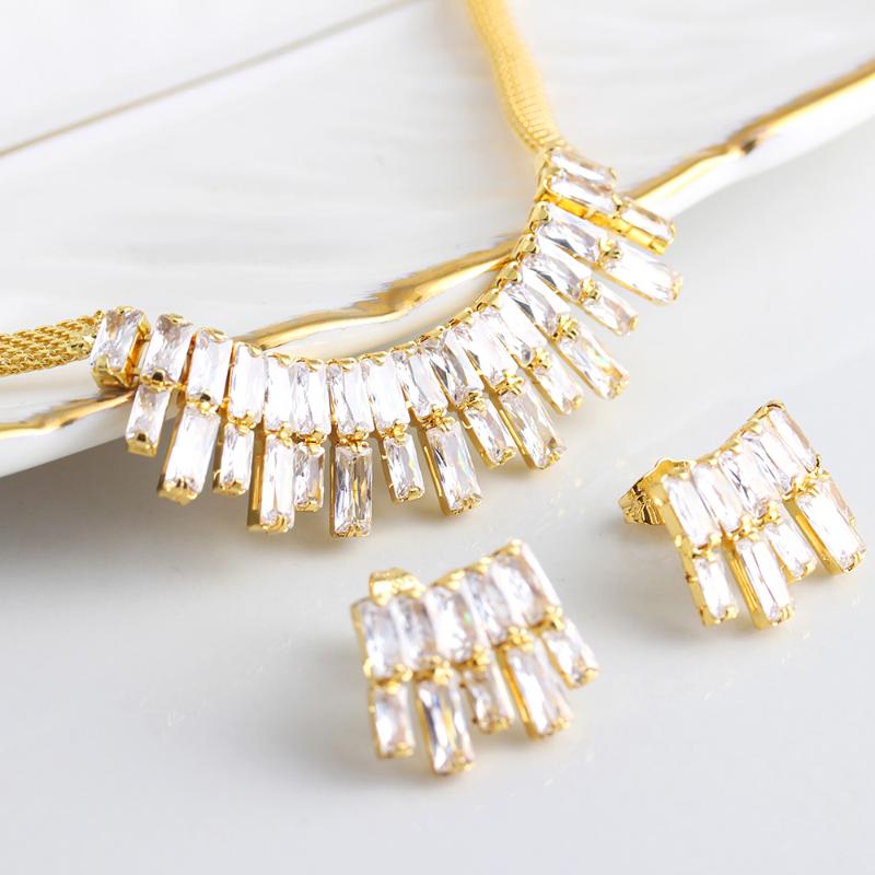 

Earrings & Necklace Dubai Gold Plated Jewelry Sets For Women Brilliant Cubic Zircon Ring And Bracelet Wedding Bridal, Silver