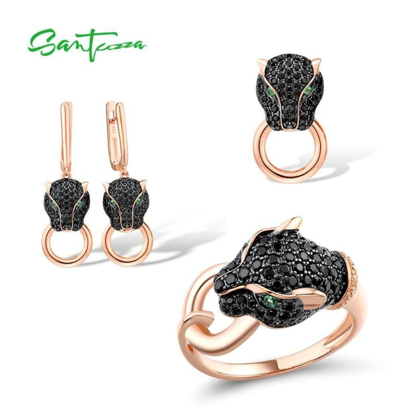 

Bracelet, Earrings & Necklace SANTUZZA 925 Sterling Silver Jewelry Set For Women Animal Black Leopard Panther Ring Pendant Spinel Fine