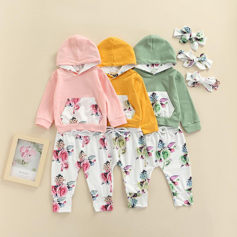 

Clothing Sets FOCUSNORM 0-24M Infant Baby Girls 2pcs Clothes 3 Colors Flowers Printed Hooded Long Sleeve Pocket Tops+Pants, White
