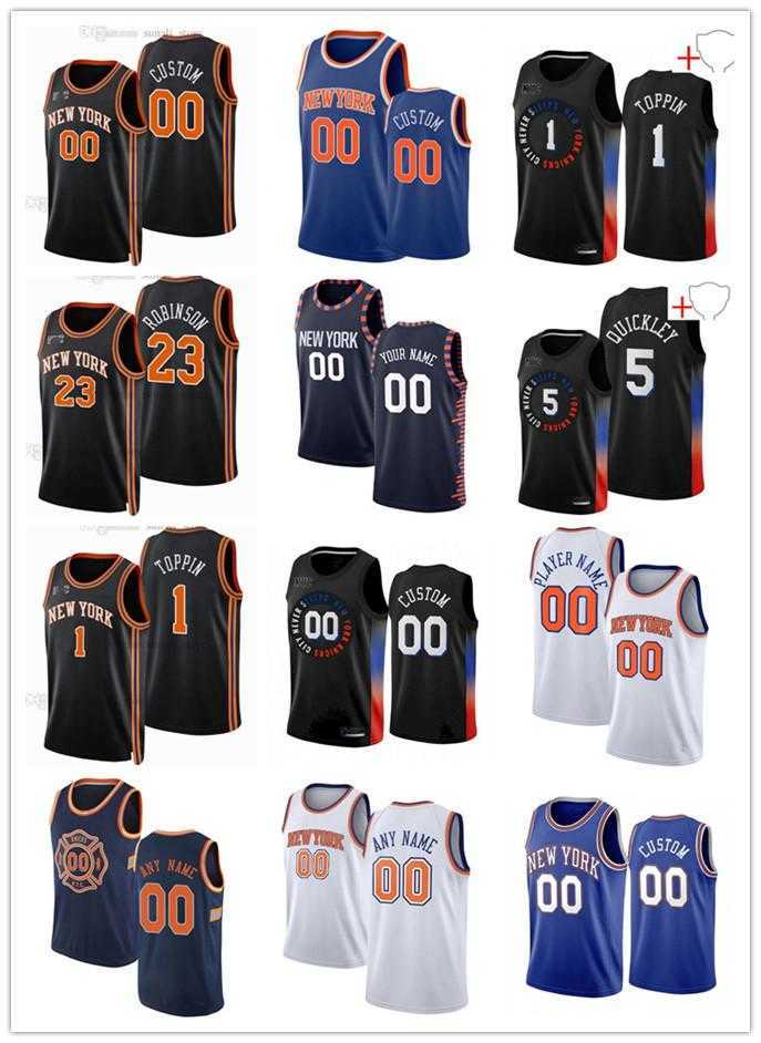 

75th Custom Men Women Youth New York's Knicks's 5 Immanuel Quickley 23 Mitchell Robinson 1 Obi Toppin 8 Kemba Walker Basketball Jersey, Black;red