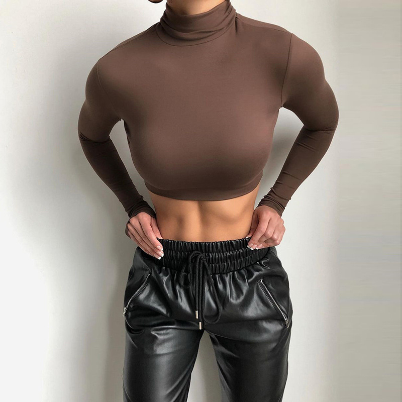 

Chic Fashion Turtlene Long Sleeve Short Womens Top Solid Basic T-Shirts Sexy Top Cropped Streetwearhigh quality, Black
