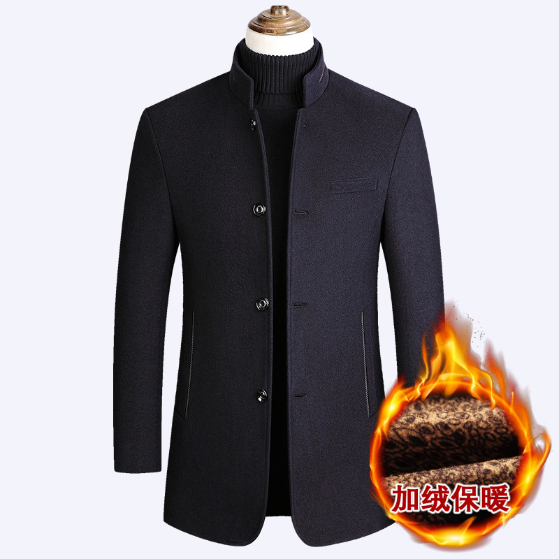 

Mens Single Breasted Overcoat Thick Wool Blend Warm Fleece Liner Jacket Long Men Business Casual Stand Collar Trench Coat Homme, Black