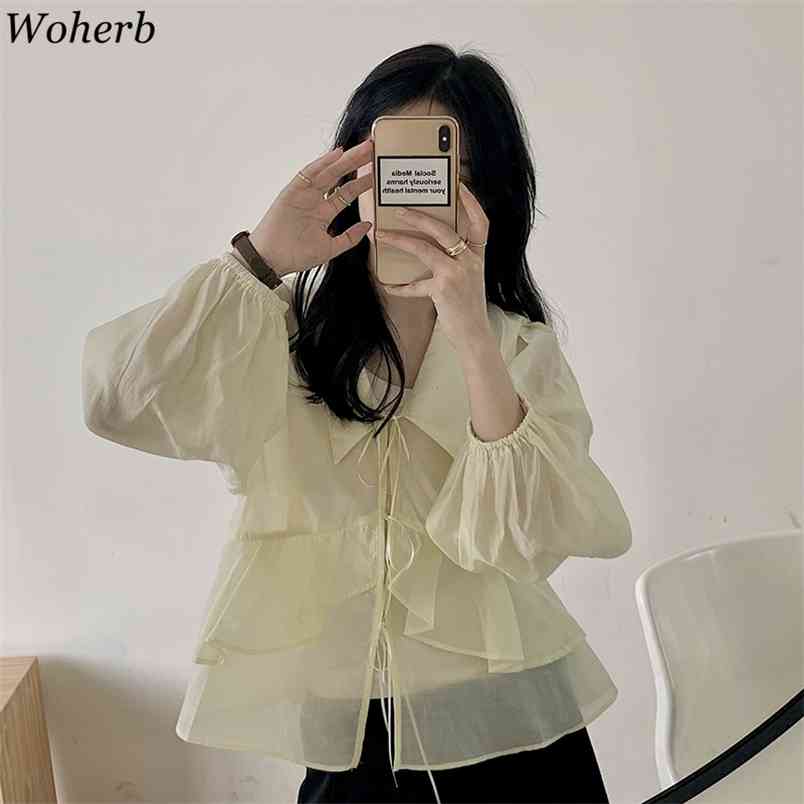 

Sweet Ruffles Solid Summer Blouse Women Thin See Through Tops Loose Femme Chic OL Streetwear Shirts 210519, Light yellow