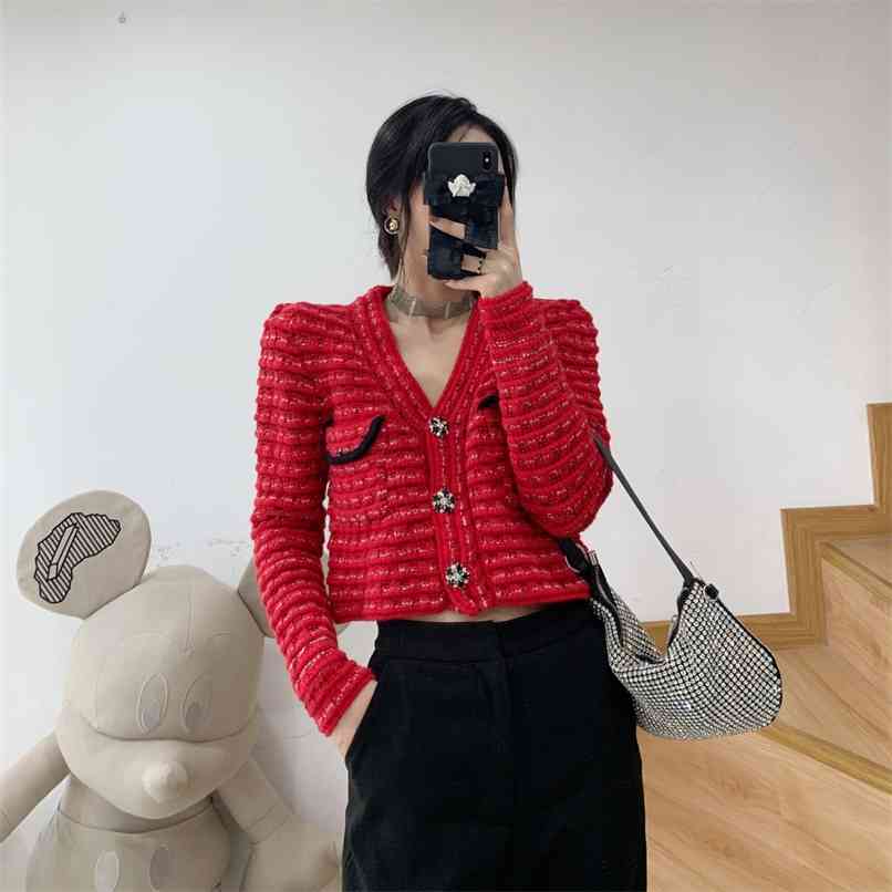 

Fashion women sweater cardigan autumn temperament small fragrant wind knitted 210520, The picture color