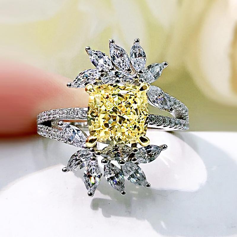 

Cluster Rings Real 925 Sterling Silver Princess Flower Square Yellow High Carbon Diamond Leaf Ring For Women Engagement Jewelry, Golden;silver