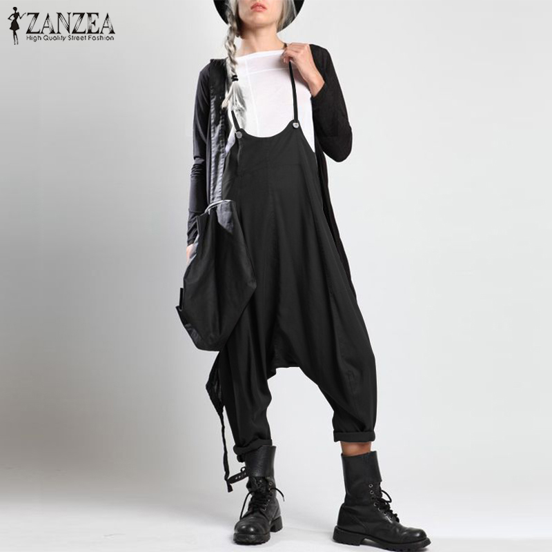 

Fashion ZANZEA Women Summer Strappy Solid Drop Crotch Jumpsuits Casual Loose Playsuits Rompers Ladies Party Suspenders Overalls, Black