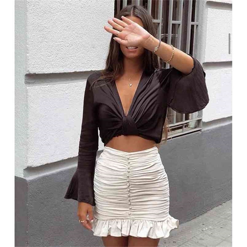 

Women Skirt Draped Faux Jewelry Button High-waisted Mini Ruching detail Ruffled Hem Back zip closure skirts 210702, Beige