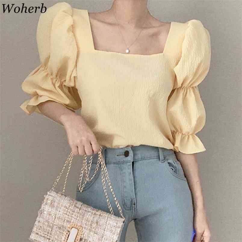 

Korean Tops Mujer Chic Square Collar Puff Short Sleeve Pleated Blouse Chiffon Shirts Summer Clothes Fashion White Blusas 210519, Yellow