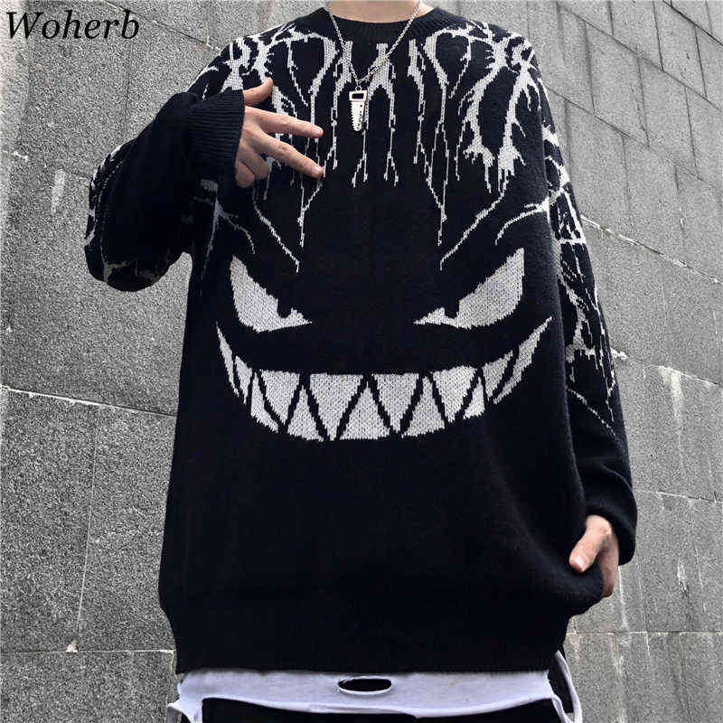 

Woherb Harajuku Black Sweater Women Men Lightning Devil Knitted Jumper Oversize Pullover Hip Hop Streetwear 2021 Autumn Sweaters Y1110