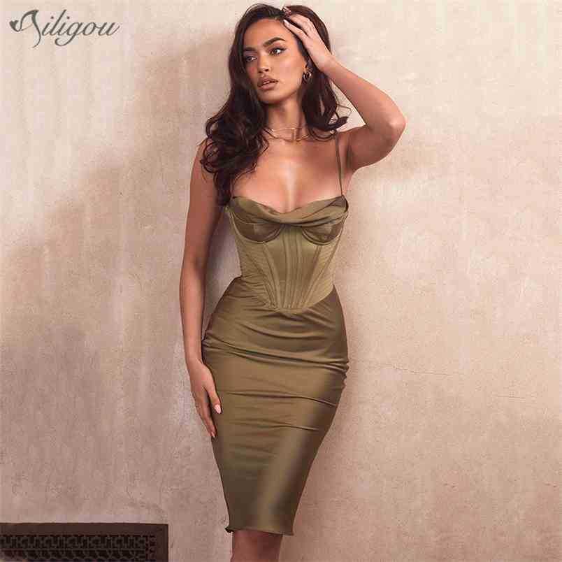 

Fashion Solid Color Sexy Sleeveless Strapless Hanging Midi Corset Dress Women's Party Christmas Vestido 210525, Brown