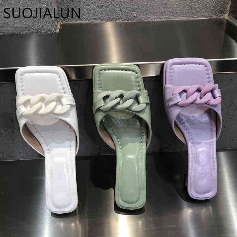 

SUOJIALUN 2021 Fashion Metal Buckle Women Slippers Open Toe Summer New Ladies Sandals Slides Shoes Low Heel Slip On Flip Flops K78, Yellow 1