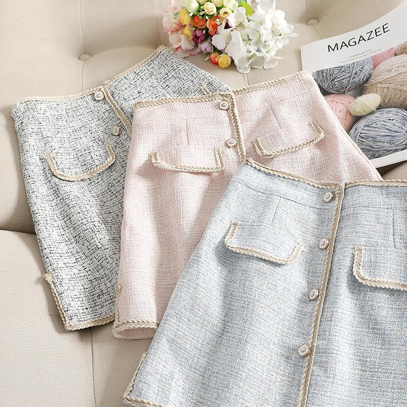 

Mini Tweed Winter High Waist Women Skirt Plaid short Front Buttons Arrivals saia feminina jupe femme spodnica, Black